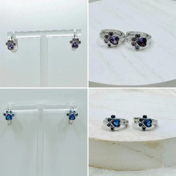Paw Print Zircon Hoop Earrings Purple & Blue Bundle - Picture 1 of 7